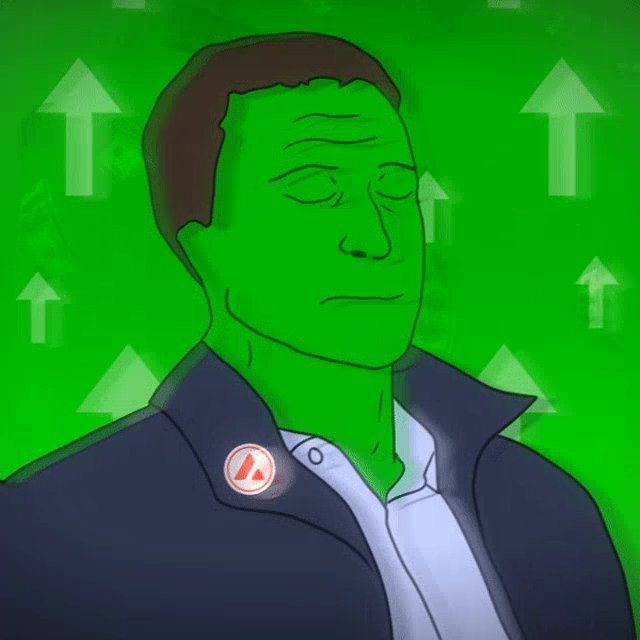 A cartoon illustration of a man with a green-tinted face and closed eyes against a bright green background with upward-pointing arrows, wearing a dark jacket with a small red emblem on the lapel.