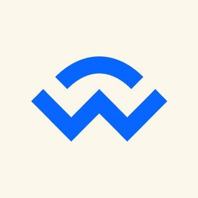 A blue logo featuring a stylized 'W' or mountain-like shape with a curved arch above it, set against a cream-colored background.