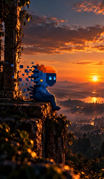 A digital artwork depicting a pixelated, blue and orange character with glowing eyes sitting on ancient stone ruins, overlooking a scenic sunset landscape.