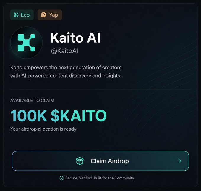 A Kaito AI airdrop claim interface showing '100K $KAITO Available to Claim' for user @KaitoAI, with a 'Claim Airdrop' button and the tagline 'Kaito empowers the next generation of creators with AI-powered content discovery and insights.'