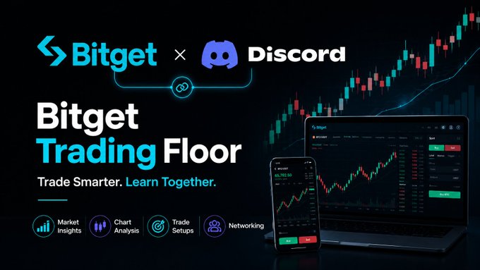 A promotional banner for 'Bitget x Discord: Bitget Trading Floor' with the tagline 'Trade Smarter. Learn Together.', featuring features like Market Insights, Chart Analysis, Trade Setups, and Networking, alongside images of trading charts on a laptop and phone.