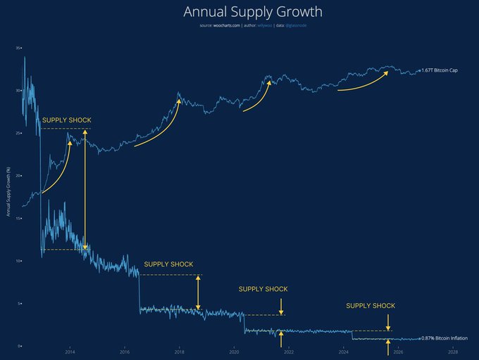 A line chart titled 'Annual Supply Growth' (sourced from wookcharts.com) showing Bitcoin's supply growth rate declining from approximately 35% to near 0.87% inflation, annotated with multiple 'SUPPLY SHOCK' markers.
