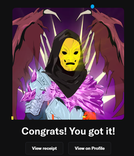 A digital illustration shows a hooded figure wearing a yellow mask with red demonic wings, accompanied by the text 'Congrats! You got it!' and buttons reading 'View receipt' and 'View on Profile'.