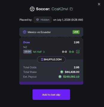 A betting slip shows a $84,438 wager on a Mexico vs Ecuador soccer match to end in a draw at 2.95 odds, placed by user CcaK2nvi on Shuffle.com. The caption "Does he know something we don't" suggests suspicion that the bettor has insider knowledge, especially given the large stake placed mid-game at the 15:04 mark of the first half.
