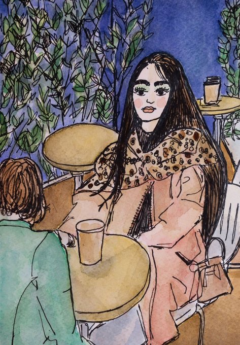 A watercolor and ink illustration depicts a dark-haired woman in a leopard-print scarf sitting at a café with a coffee cup, accompanied by another person in green.