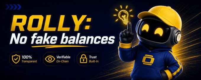 The image features a cartoon robot wearing a blue jacket and yellow hat, standing against a dark background. The robot has its hand raised up, as if pointing or gesturing something out of frame. Below the robot, there's text that reads "Rolly: No fake balances", which is likely a part of an advertisement for a casino game.