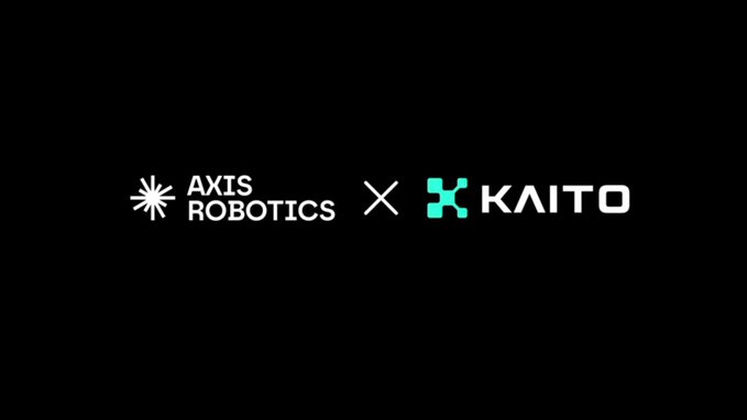 A black screen displaying a white logo for 'AXIS ROBOTICS' next to an 'X' and a teal and white logo for 'KAITO'.