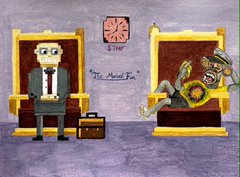 A cartoon illustration of two men on thrones—one in a suit with a briefcase, the other in military uniform saluting—under a Japanese/Chinese character.