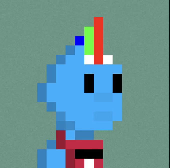 A blocky pixel art character resembles a blue dinosaur with black eyes and a red and green crest on its head, set against a muted green background.