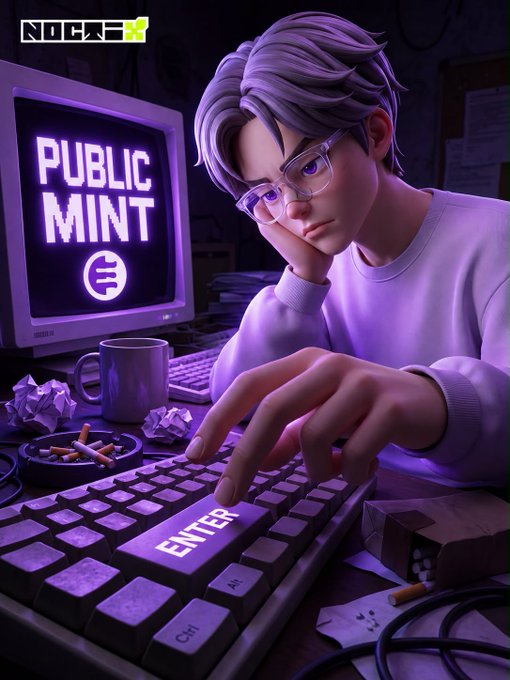 A digital illustration of a bespectacled character at a computer with a monitor displaying 'PUBLIC MINT' and an ENCRYPT logo, pressing a keyboard with a glowing 'ENTER' key.