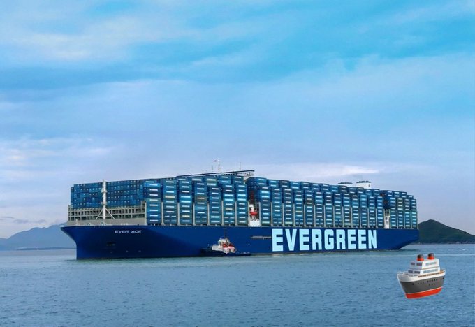 A massive blue Evergreen container ship, labeled "EVER ACE" and "EVERGREEN" on its hull, sails across calm waters with a small tugboat nearby and a digital ship illustration overlaid in the corner. The image visually reinforces the post's message about EthraShip's maritime-backed RWA approach by showcasing large-scale shipping operations, the foundation underlying the project's real-world value.