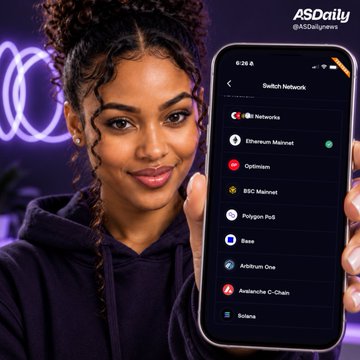 A woman holds a smartphone displaying a "Switch Network" menu listing live networks including Ethereum Mainnet, Optimism, BSC Mainnet, Polygon PoS, Base, Arbitrum One, Avalanche C-Chain, and Solana, directly illustrating the Peniwallet tester's expanded eight-network multichain support.