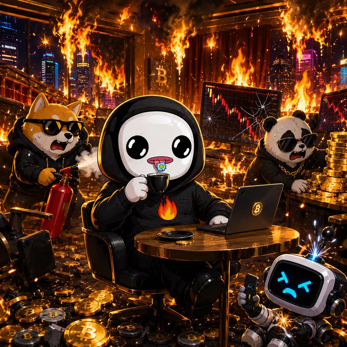 The image features a cartoon character wearing a hoodie, sitting at a table with a laptop computer open in front of them. There are two other characters present - one dressed as a panda bear and another as a robot. The scene takes place in an office setting, with a fire burning nearby. The post reads: "Gm @grok and replies guys".