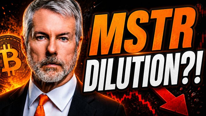A dramatic thumbnail features a bearded man in a suit alongside bold orange text reading "MSTR DILUTION?!", with a Bitcoin coin and fiery red downward arrows suggesting a bearish narrative about MicroStrategy's stock dilution risk, supporting the YouTube video's clickbait-style promotion.