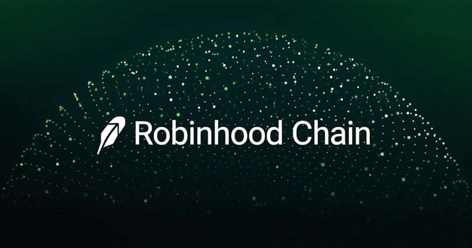 The 'Robinhood Chain' logo featuring a feather icon on a dark green background with a glowing particle dome effect.
