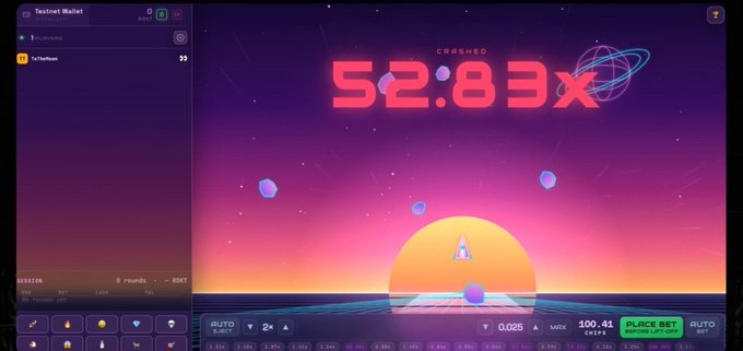 A crash-style gambling game interface showing a multiplier of 52.83x with a rocket ship on a pink and orange retro-futuristic landscape, featuring a 'PLACE BET' button.