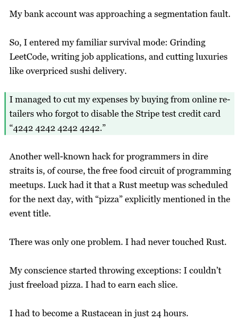 A blog post excerpt describing how a programmer exploited a Stripe test credit card (4242 4242 4242 4242) to afford essentials and attend a free Rust meetup for pizza.