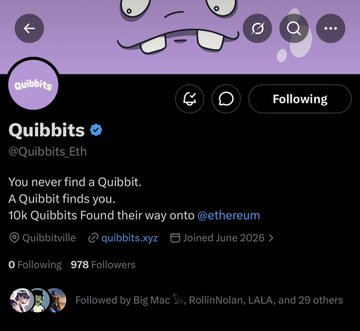 The image shows a social media post by Quibbits, an Instagram account that focuses on cryptocurrency. The post features a purple background with a cartoon face and text, including the name of the account owner and a message about following the account. The post also mentions that there are already 10k followers, suggesting that it has gained some traction among users.