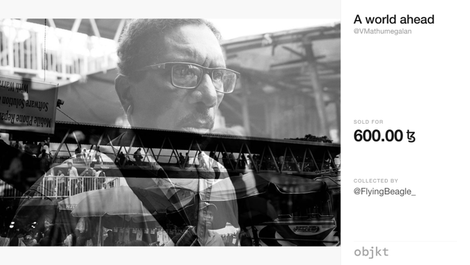 An objkt NFT listing titled 'A world ahead' by @VMathumegalan, sold for 600.00 tez and collected by @FlyingBeagle_, featuring a black and white double-exposure image of a man with glasses overlaid on an architectural scene.