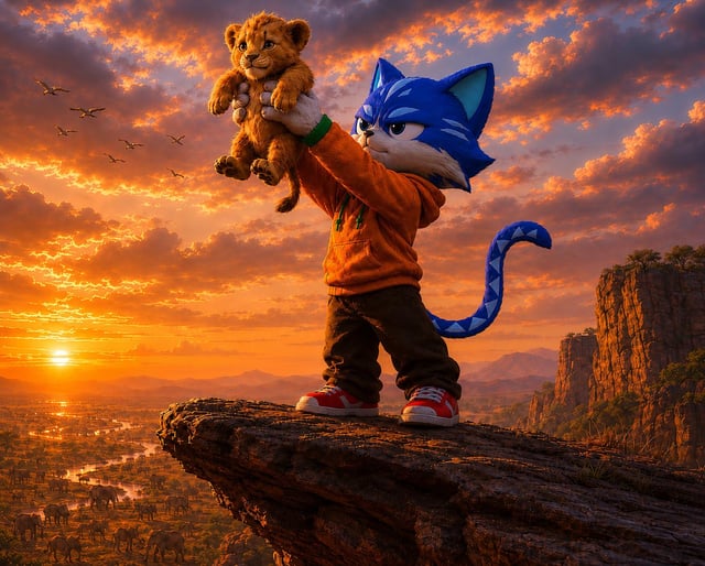 The image features a cartoon character holding a stuffed animal, possibly a lion or tiger plushie, while standing on top of a cliff overlooking a cityscape at sunset. The caption for the image reads "$TOSHI COIN. The largest cat coin in the world with almost 1.1 million wallet holders! Do you own some of the blue cat?". This suggests that there might be an advertisement or promotional material related to the cartoon character and their stuffed animal, possibly promoting a product or service associated with cats or toys.