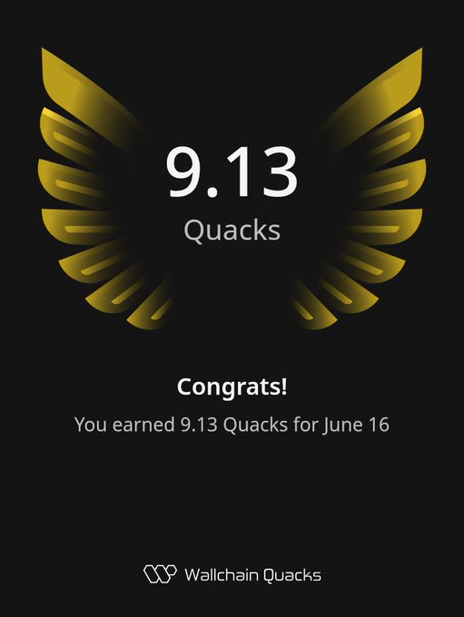 The image shows a poster with an illustration of a bird's wing design featuring gold feathers against a black background. Below the wing design, there is text that congratulates users for earning 9.13 Quacks for June 16. The poster also mentions that Mindo and 3look have both received red cards in the same post.