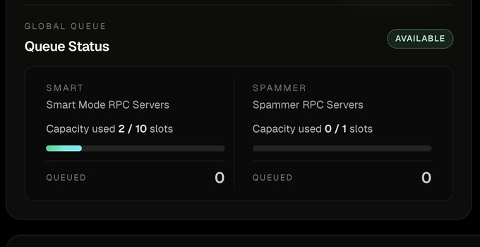 A computer screen showing a screenshot of an app called "Global Queue Status" with two tabs opened displaying the information about "Smart Mode RPC Servers". The first tab displays the number of servers available as 10 slots, while the second tab shows the list of servers in this capacity, which includes the SMART mode server. Additionally, there is a green button indicating that the app is available and can be installed on your computer.