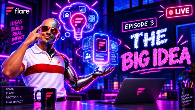 A promotional graphic for 'Flare' featuring a man with a cybernetic arm and sunglasses next to neon graphics, with text 'EPISODE 3 THE BIG IDEA' and a LIVE badge.