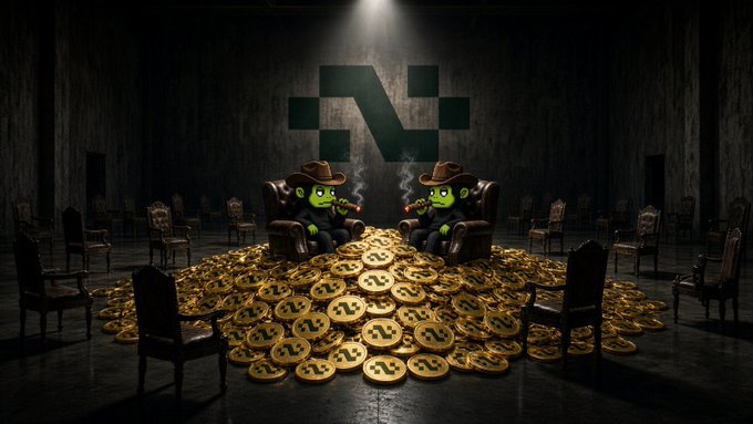 Surreal digital artwork showing two green Pepe-style characters in cowboy hats and vests smoking cigars in leather armchairs, sitting atop a massive pile of gold coins embossed with the N (NEAR) logo in a dark, cavernous room.