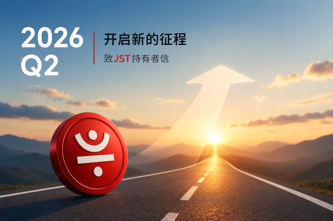 The image displays "2026 Q2" and "开启新的征程 致JST持有者信" (Opening a New Journey - Letter to JST Holders) over a scenic mountain road at sunrise with an upward arrow, accompanied by a red JUST (JST) coin — symbolizing forward momentum and growth, which aligns with the post's message about JST's expanding value mechanism and ecosystem development.