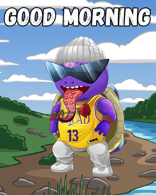 A cartoon illustration of a purple turtle character wearing a beanie, sunglasses, and a yellow 'SQUAD 13' basketball jersey, with 'GOOD MORNING' displayed at the top.