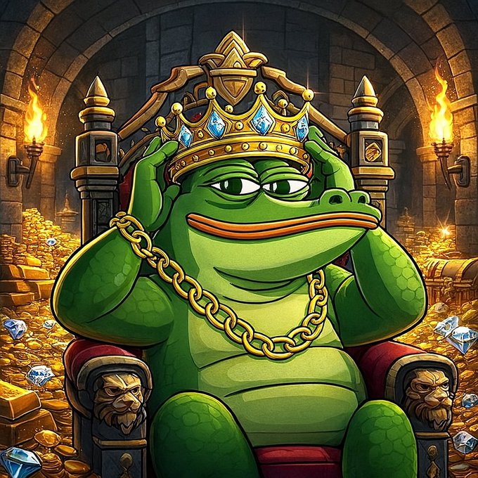 A digital illustration of Pepe the Frog wearing a jeweled golden crown and gold chain, sitting on a throne surrounded by piles of gold, diamonds, and treasure in a medieval castle setting.