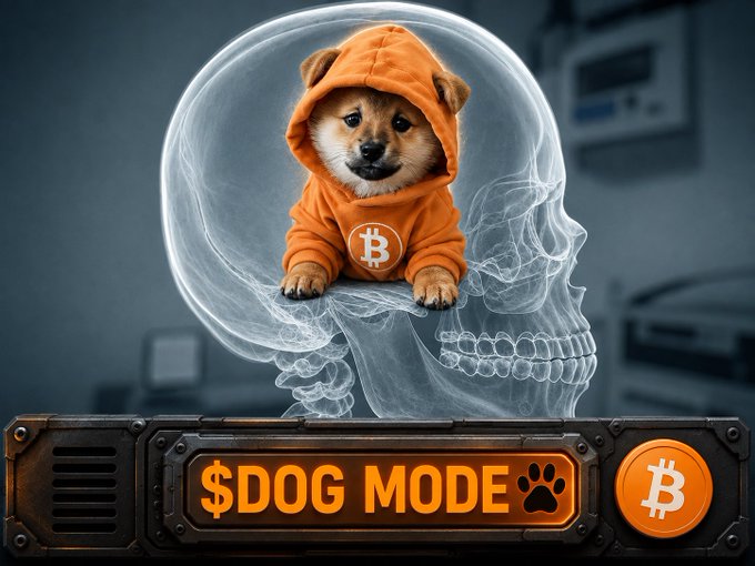 A digital illustration features a Shiba Inu dog wearing an orange hoodie with a Bitcoin logo, emerging from a translucent skull, with a metallic banner below reading '$DOG MODE' alongside a Bitcoin symbol.