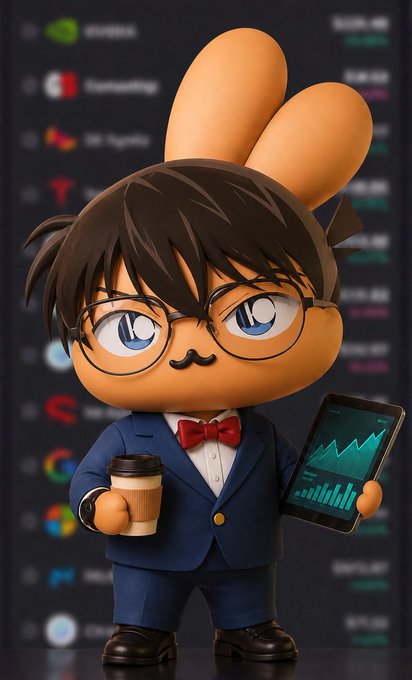 A 3D rendered figurine of a bespectacled, mustachioed character in a blue suit and red bowtie holding a coffee cup and a tablet showing a chart, resembling a nerdy anime protagonist.