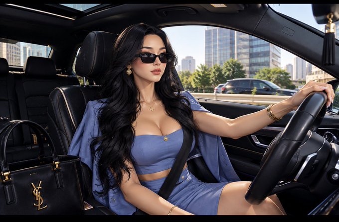 An AI-generated image of a glamorous woman with long wavy dark hair and sunglasses, wearing a blue outfit, sitting in the driver's seat of a luxury car with a black YSL handbag beside her.