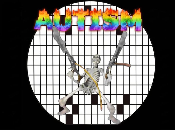 A digitally created logo featuring a skeleton holding two guns with rainbow-colored flame text spelling 'AUTISM' above, set against a circular grid background.