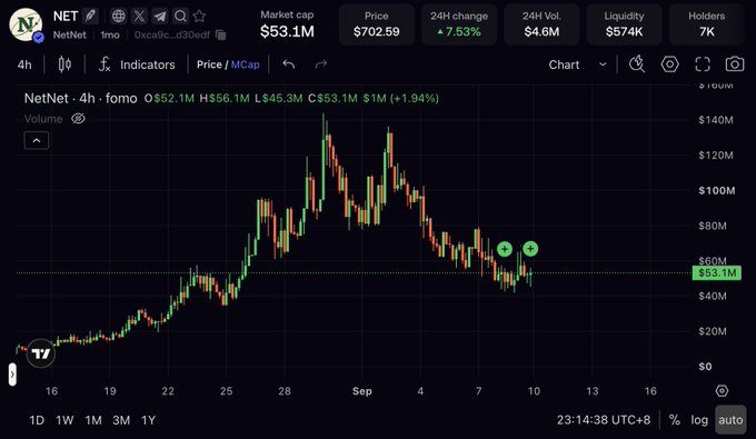 A Robinhood Chain market chart for NetNet’s **$NET** by **@NetNetCap** shows a market cap of **$53.1M**, price **$702.59**, and **+7.53%** 24-hour change. It visually supports the post’s thesis that NetNet is an emerging DeFi, RWA, and gaming experiment.