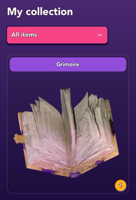 A mobile app screen titled 'My collection' displaying a 'Grimoire' item represented by an open book icon with a quantity of 1.