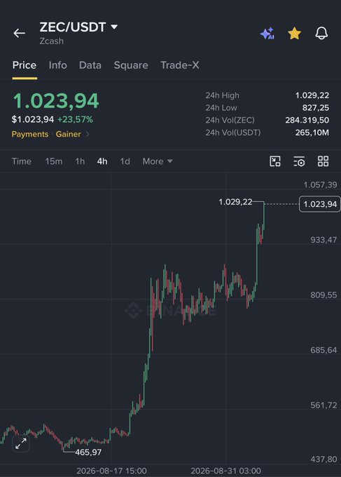 A Binance trading chart shows ZEC/USDT (Zcash) at a price of $1,023.94 with a 23.57% gain, displaying 24-hour high and low data alongside a candlestick chart.