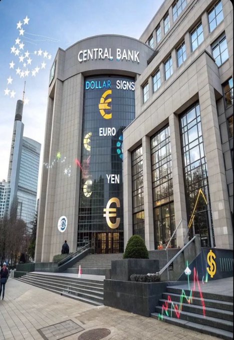 An exterior view of a Central Bank building overlaid with various currency symbols (Euro, Yen, Dollar) and the text 'DOLLAR SIGNS'.