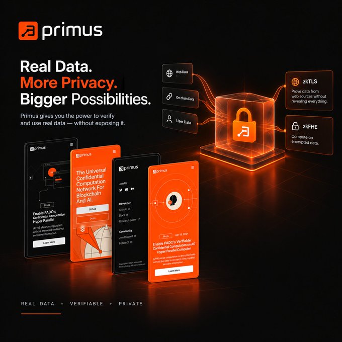 A promotional graphic for 'primus' featuring the text 'Real Data. More Privacy. Bigger Possibilities,' along with icons for zkTLS and zkFHE and smartphone app mockups.