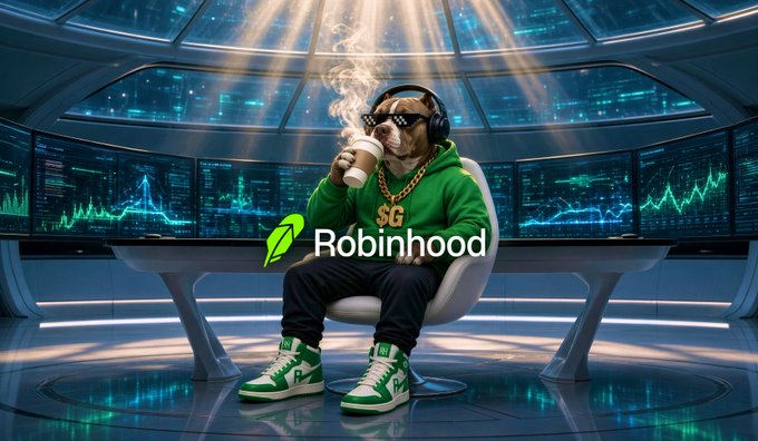 A stylized image of a dog dressed as a hip-hop trader wearing a green 'SG' hoodie, checkered bandana, sunglasses, and green sneakers, sitting in a futuristic trading room with the Robinhood logo and chain graphics.