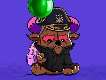 A cartoon illustration of a brown bear character wearing a black captain's hat with an anchor emblem, a black coat, and holding a green balloon against a purple background.