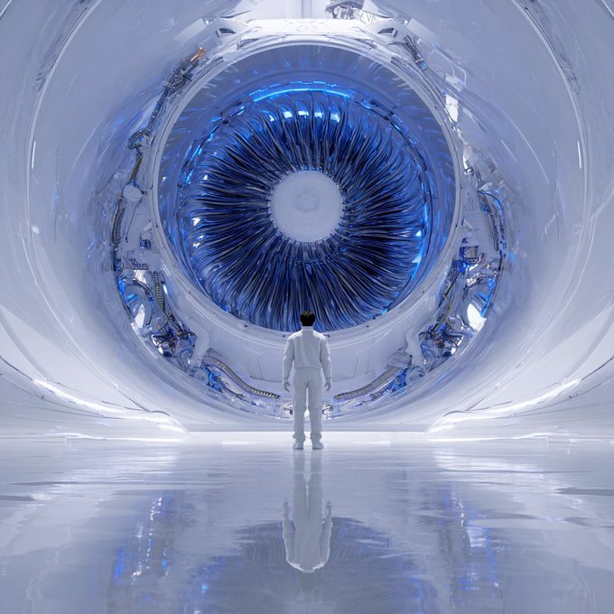 A figure in a white suit stands before a massive circular turbine or futuristic portal glowing with blue energy, evoking a sense of awe and technological progress—mirroring the optimistic tone of the "gMMT fam The future is bright." message.