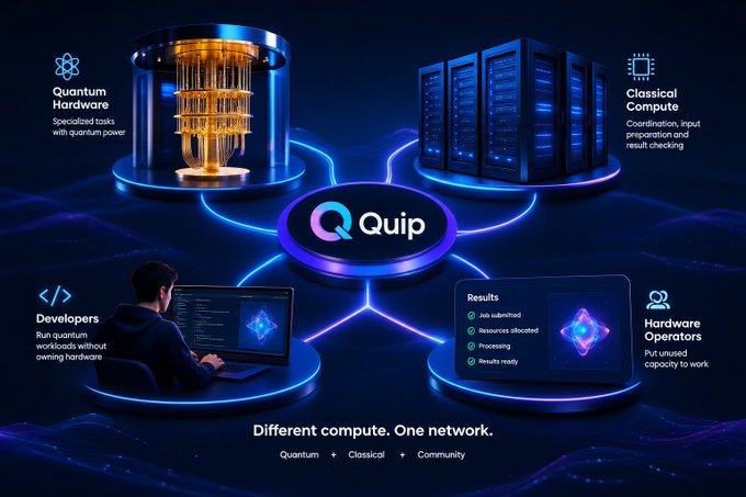 The image depicts the Quip network ecosystem, featuring a central "Quip" hub connecting four components: "Quantum Hardware" (specialized tasks with quantum power), "Classical Compute" (coordination, input preparation and result checking), "Developers" (running quantum workloads without owning hardware), and "Hardware Operators" (putting unused capacity to work), with the tagline "Different compute. One network. Quantum + Classical + Community." This visual perfectly complements the post's emphasis on Quip's novel approach of unifying quantum and classical compute resources through a single collaborative network, highlighting how the platform enables diverse participants—from quantum hardware providers to developers—to seamlessly work together.