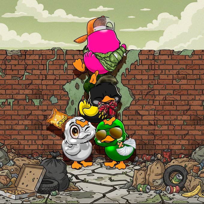 A colorful cartoon illustration of four anthropomorphic ducks in streetwear standing in an alleyway against a brick wall, surrounded by trash bags, pizza boxes, and discarded cans, with one duck wearing an orange cap and pink hoodie, another with sunglasses and a red bow, a third with a bandaged wing, and the fourth white duck holding a chip bag labeled 'BRAH'.