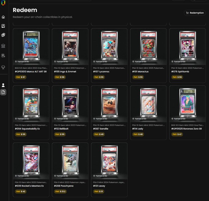 A dark-themed 'Redeem' webpage displays a grid of PSA-graded Pokémon trading cards for sale on Yamacardo, including titles like 'OP0303 Marco ALT ART SR' for FMV $67 and '#107 Lycanroc' for FMV $55.