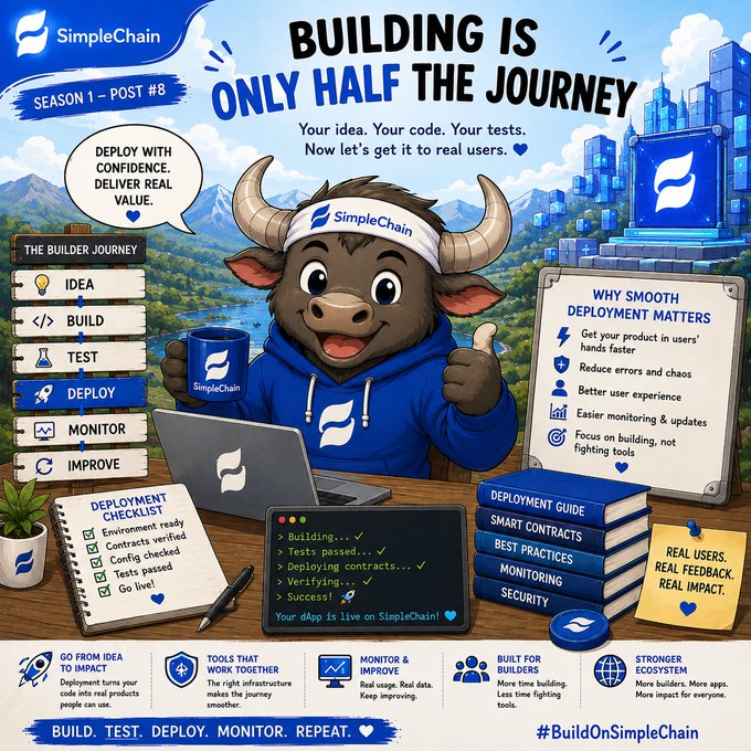 SimpleChain promotional graphic titled 'Building is Only Half the Journey' featuring a cartoon bull mascot, the Builder Journey steps (Idea, Build, Test, Deploy, Monitor, Improve), and information about deployment checklist and benefits.