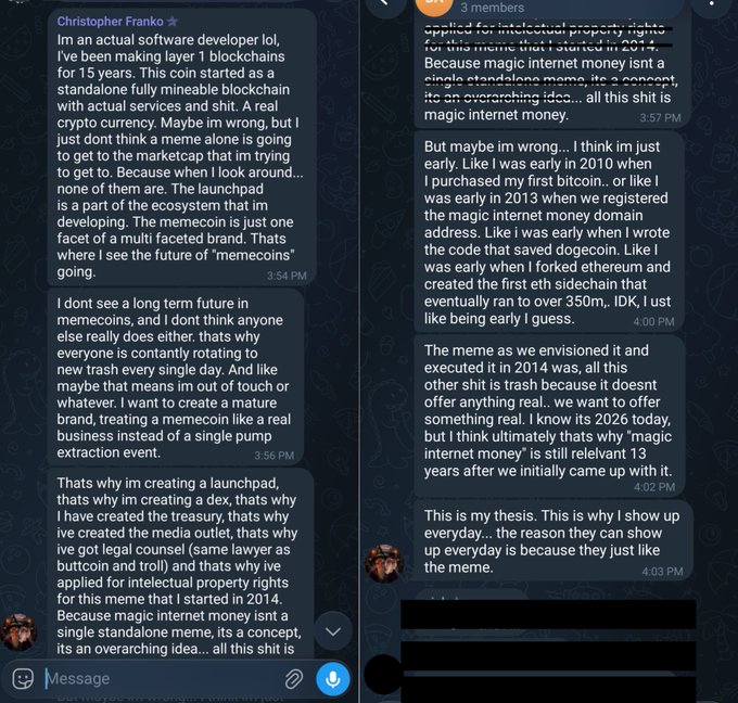 Screenshots of Telegram messages from Christopher Franko discussing the history of Dogecoin, magic internet money, and his launchpad creation, dated around 3:54-4:03 PM.