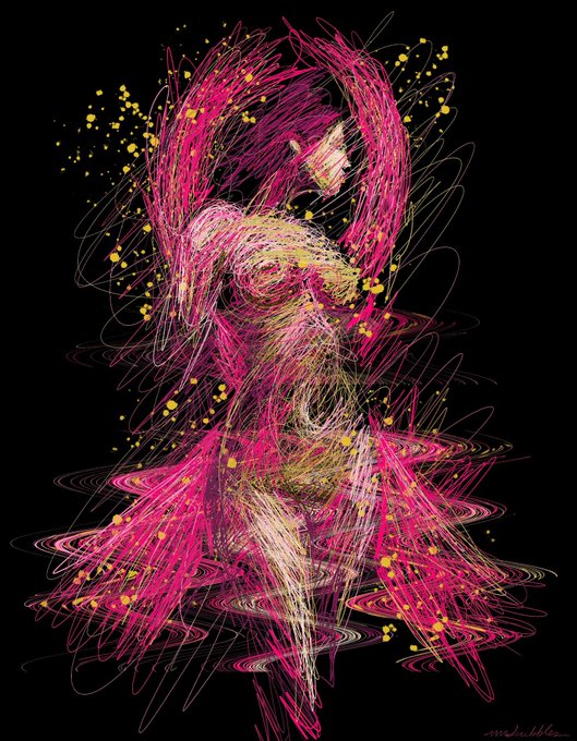 The image features a striking digital art piece depicting an anthropomorphized pink figure standing against a black background with wavy lines. The artwork seems to be a blend of abstract art techniques, such as dots, lines, and curves. There are also gold splatters in various places around the image, adding to its overall visual appeal. 

The image is accompanied by text that reads "Awareness now LIVE as an Open Edition until the end of the year! Collect for 1 XRP: imcollectibles.io/collections/sc". This suggests that the artwork can be purchased and collected as a part of Awareness Month, which raises awareness about breast cancer research and support efforts.