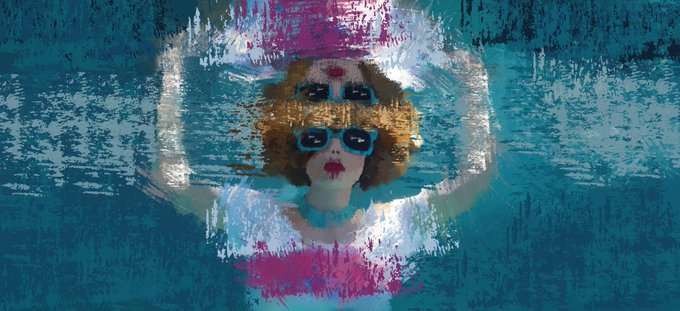 An artistic, glitch-style image showing a person with blonde hair and sunglasses surrounded by a blue, watery, textured border with pink and red accents.